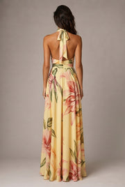 Faux-wind Elegant Slimming Maxi Dress For Women — Warm Yellow — AI-generated studio back view