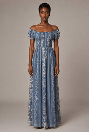 Floral Embroidery Long Dress French-Style Floral Print — Nanfa Manor Blue — AI-generated studio front view