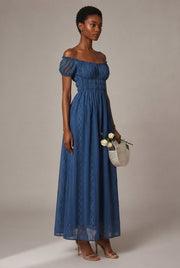 Floral Embroidery Long Dress French-Style Floral Print — Nanfa Manor Blue — AI-generated studio three-quarter view