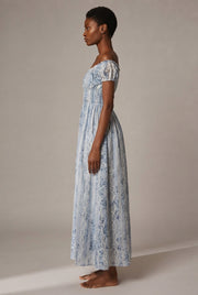 Floral Embroidery Long Dress French-Style Floral Print — Nanfa Manor Blue — AI-generated studio right-side profile