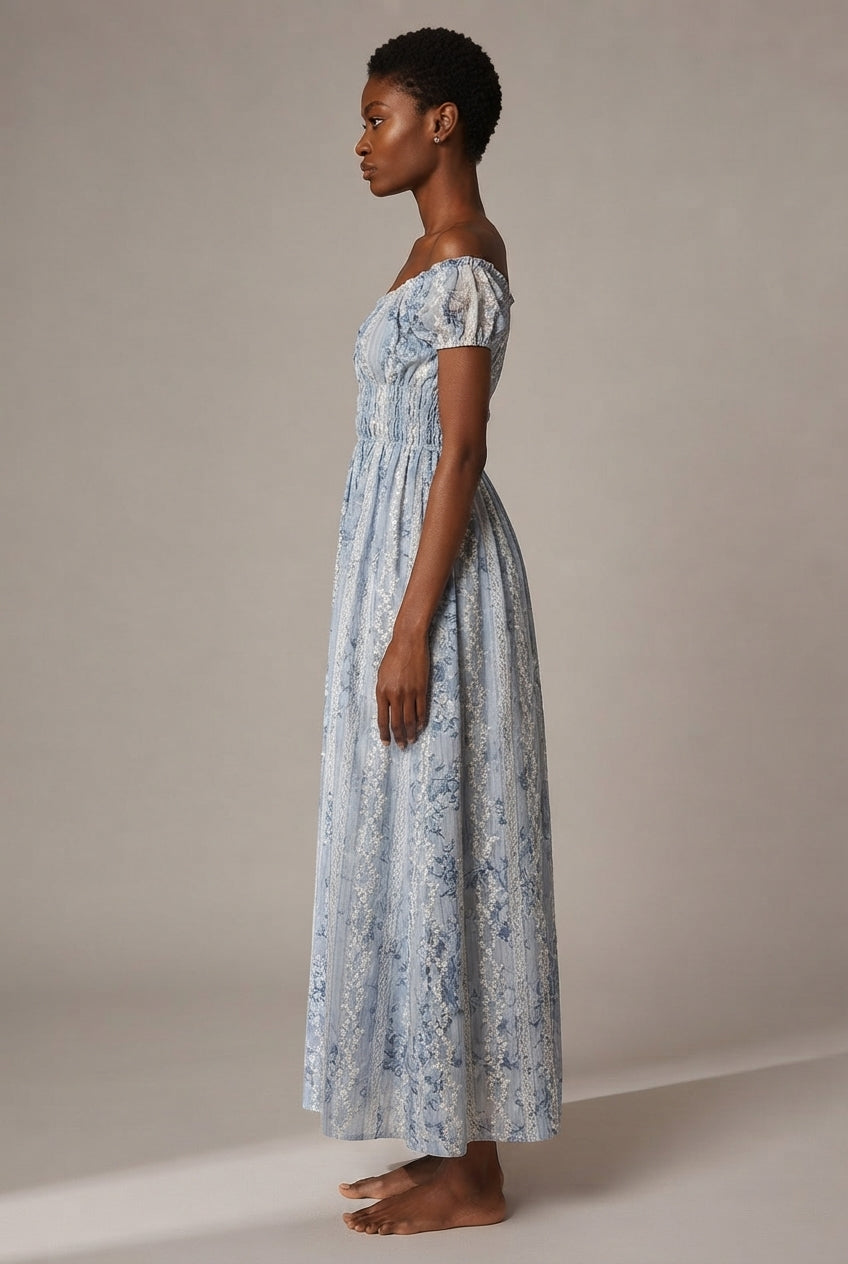Floral Embroidery Long Dress French-Style Floral Print — Nanfa Manor Blue — AI-generated studio right-side profile