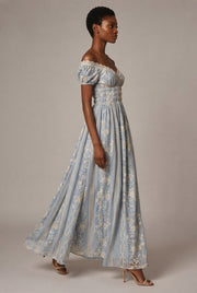 Floral Embroidery Long Dress French-Style Floral Print — Nanfa Manor Blue — AI-generated studio left-side walking view
