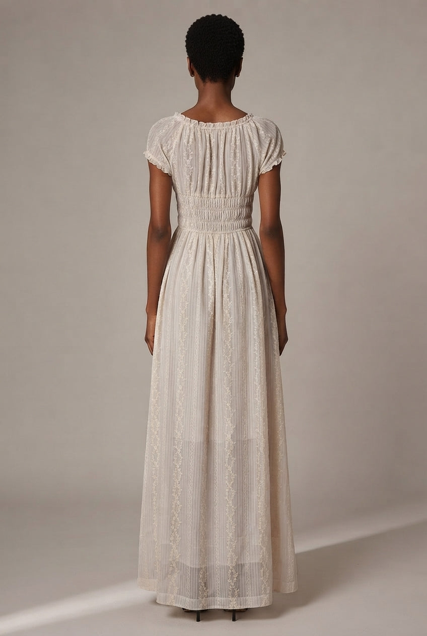 Floral Embroidery Long Dress French-Style Floral Print — Nanfa Manor Blue — AI-generated studio back view
