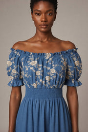 Floral Embroidery Long Dress French-Style Floral Print — Nanfa Manor Blue — AI-generated studio bodice detail
