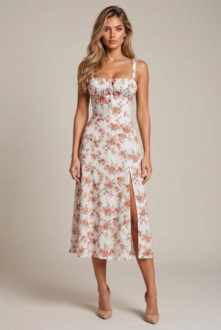 Floral Midi Bohemian Tank Dress — Red Rose — AI-generated studio front view