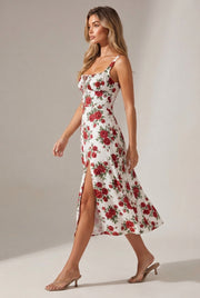 Floral Midi Bohemian Tank Dress — Red Rose — AI-generated studio left-side walking view