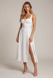 Floral Midi Bohemian Tank Dress — White — AI-generated studio three-quarter view