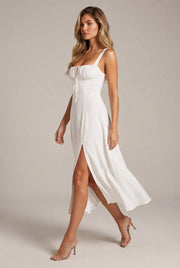 Floral Midi Bohemian Tank Dress — White — AI-generated studio left-side walking view