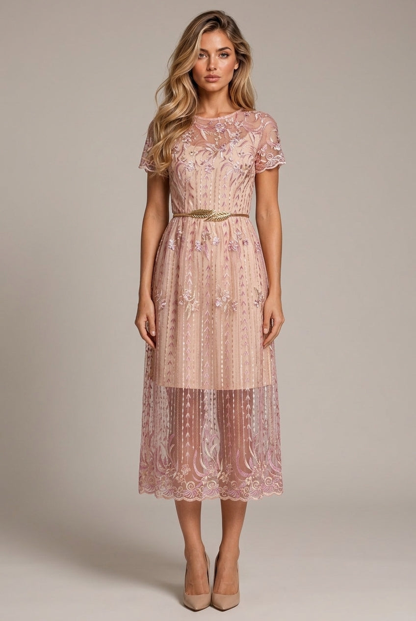 Flower Embroidery With Belt Waist Slimming Dress — AI-generated studio front view