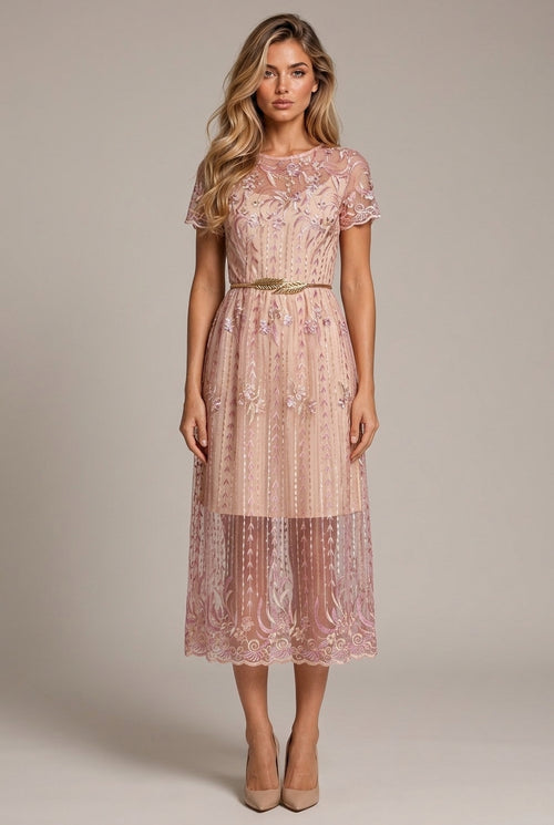 Flower Embroidery With Belt Waist Slimming Dress — AI-generated studio front view