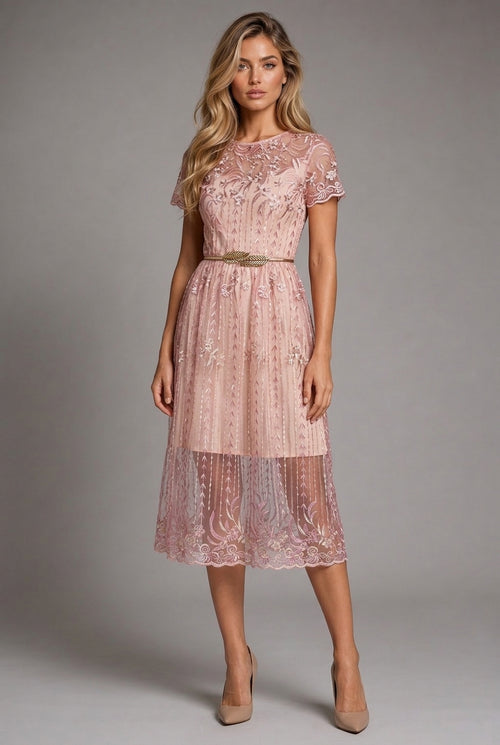 Flower Embroidery With Belt Waist Slimming Dress — AI-generated studio three-quarter view
