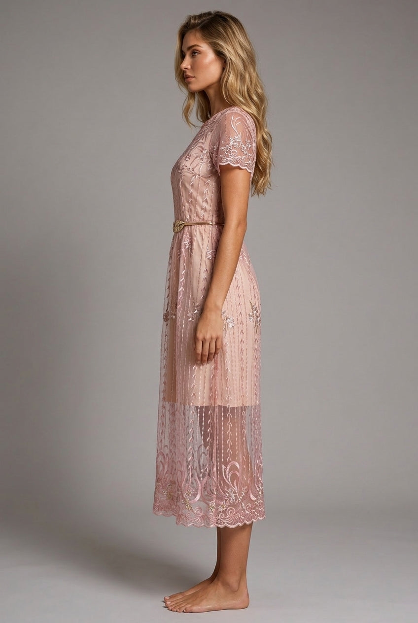 Flower Embroidery With Belt Waist Slimming Dress — AI-generated studio right-side profile