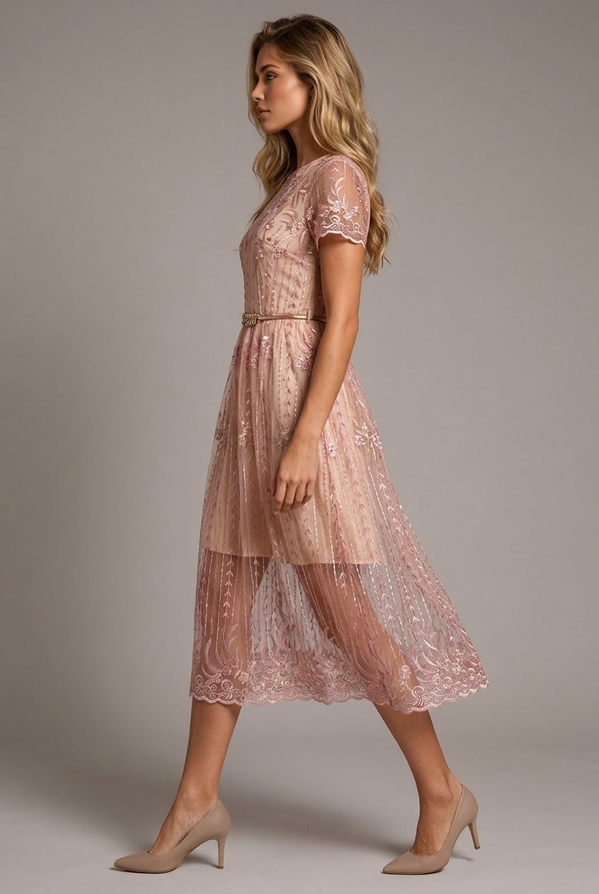 Flower Embroidery With Belt Waist Slimming Dress — AI-generated studio left-side walking view