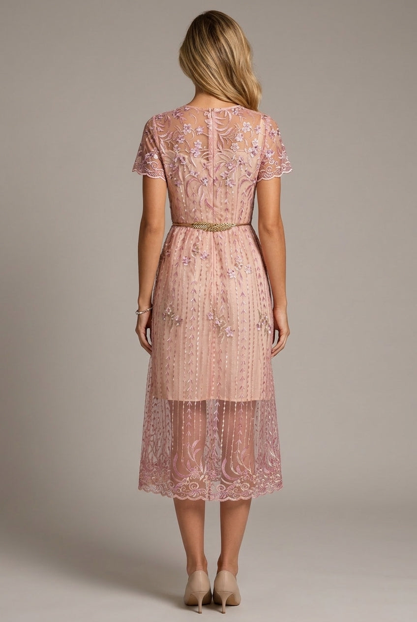Flower Embroidery With Belt Waist Slimming Dress — AI-generated studio back view