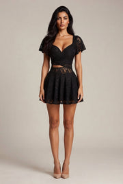 Flutter Sleeve Lace Hollow-Out Maxi Dress Petticoat — Black — AI-generated studio front view