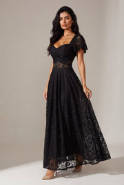 Flutter Sleeve Lace Hollow-Out Maxi Dress Petticoat — Black — AI-generated studio three-quarter view
