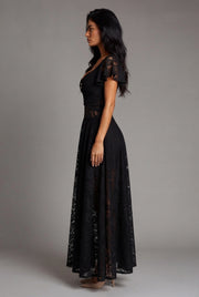 Flutter Sleeve Lace Hollow-Out Maxi Dress Petticoat — Black — AI-generated studio right-side profile