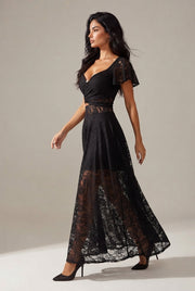 Flutter Sleeve Lace Hollow-Out Maxi Dress Petticoat — Black — AI-generated studio left-side walking view