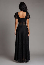 Flutter Sleeve Lace Hollow-Out Maxi Dress Petticoat — Black — AI-generated studio back view