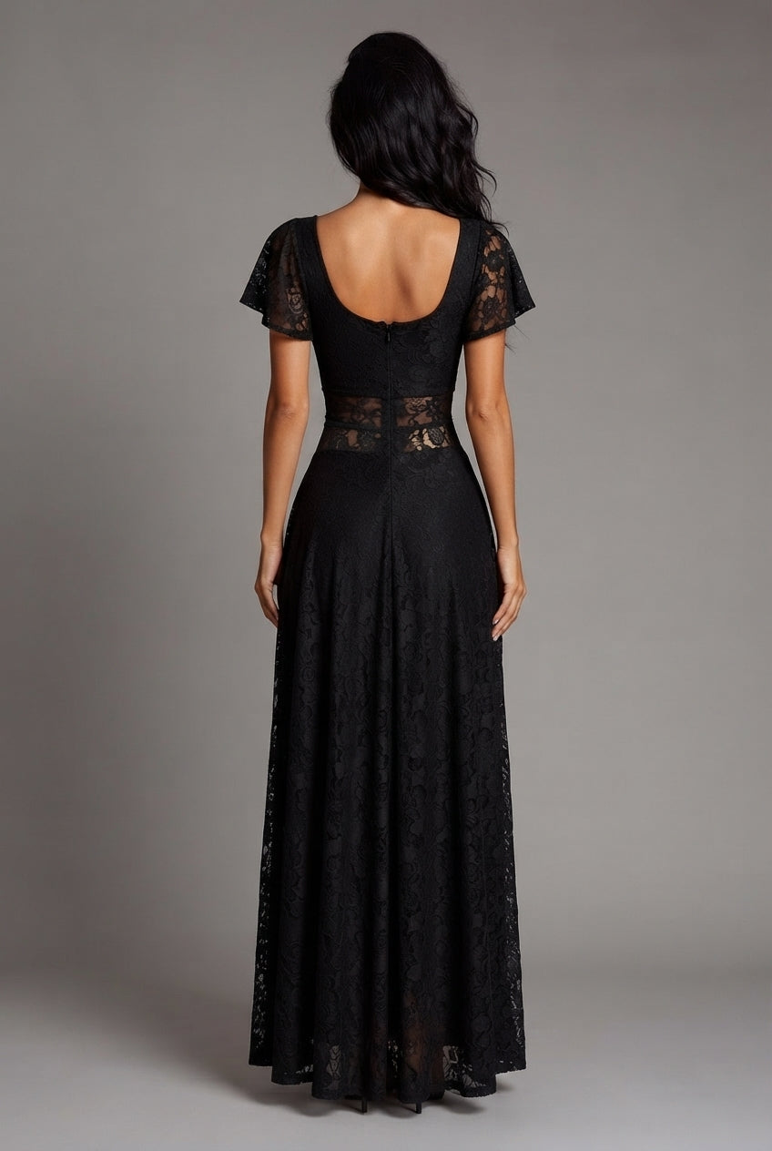 Flutter Sleeve Lace Hollow-Out Maxi Dress Petticoat — Black — AI-generated studio back view