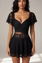 Flutter Sleeve Lace Hollow-Out Maxi Dress Petticoat — Black — AI-generated studio bodice detail