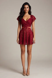 Flutter Sleeve Lace Hollow-Out Maxi Dress Petticoat — Red — AI-generated studio front view