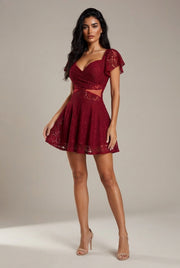 Flutter Sleeve Lace Hollow-Out Maxi Dress Petticoat — Red — AI-generated studio three-quarter view