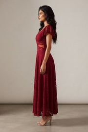 Flutter Sleeve Lace Hollow-Out Maxi Dress Petticoat — Red — AI-generated studio right-side profile