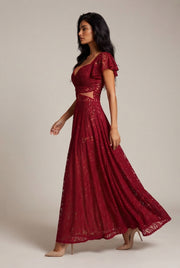 Flutter Sleeve Lace Hollow-Out Maxi Dress Petticoat — Red — AI-generated studio left-side walking view