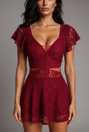 Flutter Sleeve Lace Hollow-Out Maxi Dress Petticoat — Red — AI-generated studio bodice detail
