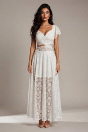 Flutter Sleeve Lace Hollow-Out Maxi Dress Petticoat — White — AI-generated studio front view