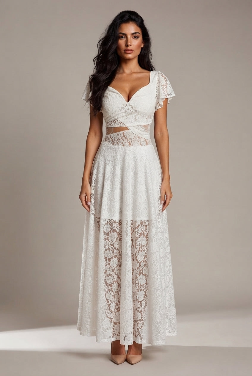 Flutter Sleeve Lace Hollow-Out Maxi Dress Petticoat — White — AI-generated studio front view