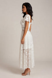 Flutter Sleeve Lace Hollow-Out Maxi Dress Petticoat — White — AI-generated studio right-side profile