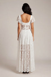 Flutter Sleeve Lace Hollow-Out Maxi Dress Petticoat — White — AI-generated studio back view