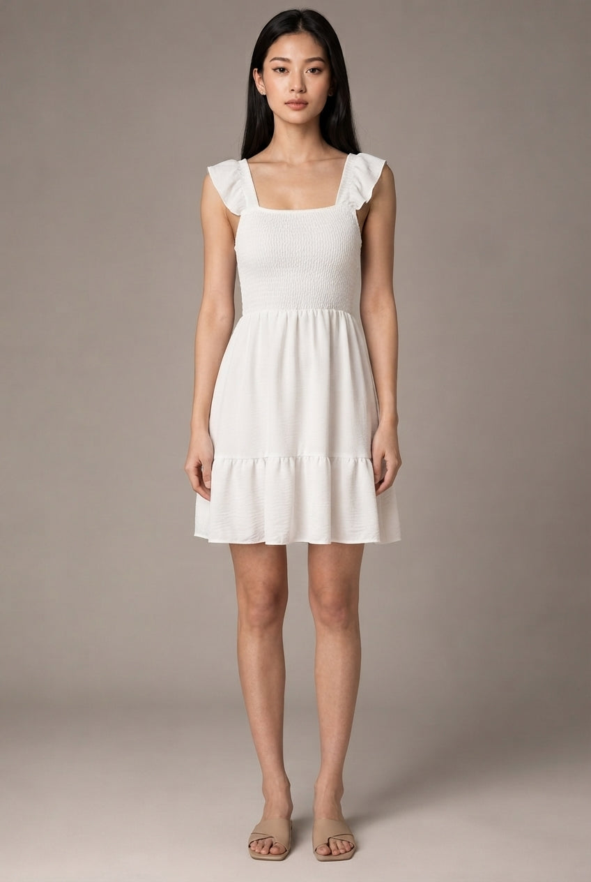 French Elegant Vacation Style Dress Women — White — AI-generated studio front view