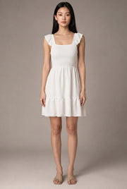 French Elegant Vacation Style Dress Women — White — AI-generated studio front view