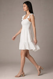 French Elegant Vacation Style Dress Women — White — AI-generated studio left-side walking view