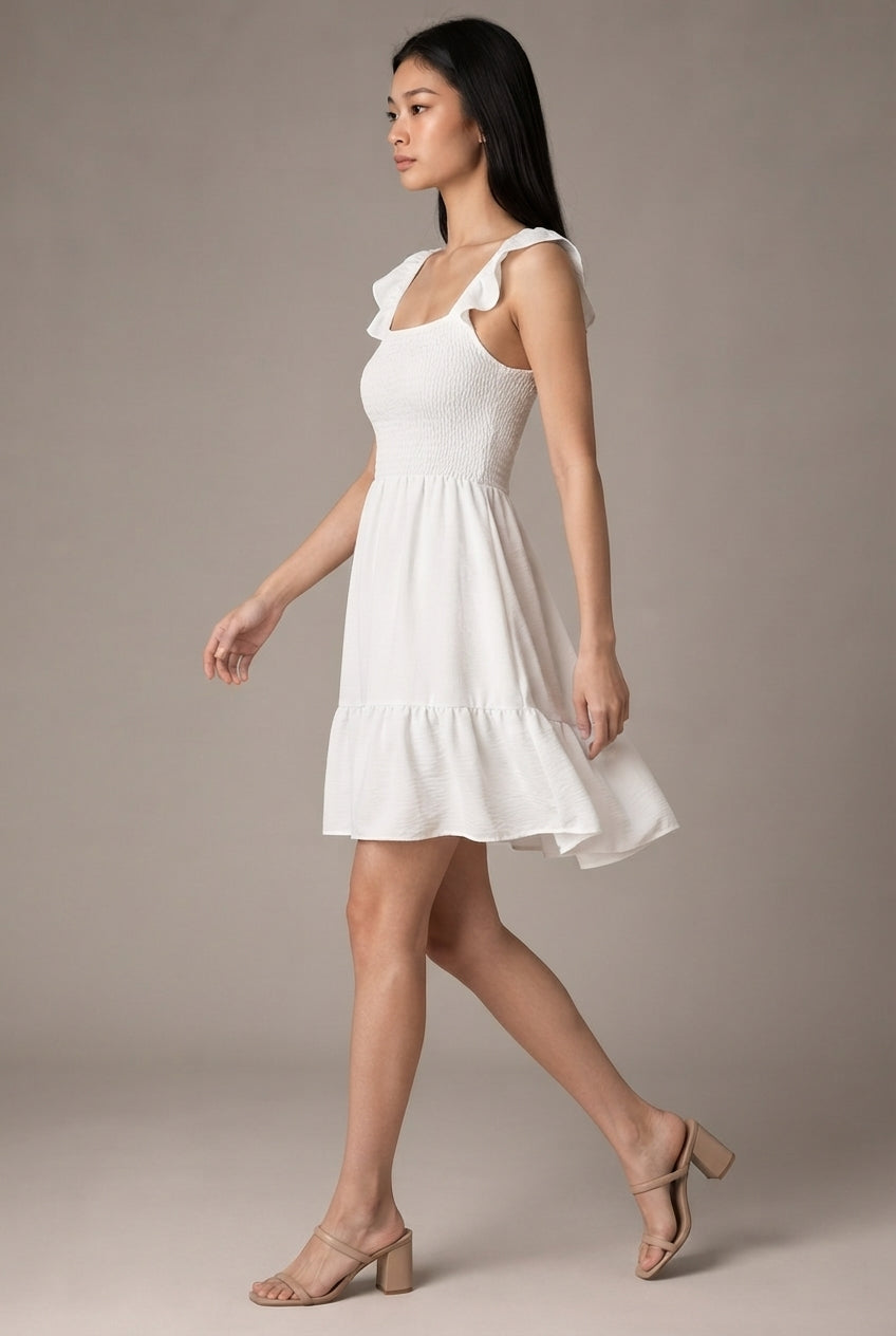 French Elegant Vacation Style Dress Women — White — AI-generated studio left-side walking view