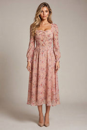 French Embroidery Dress Women Spring Retro Square Neck Long Sleeve Chiffon Floral Skirt — Pink — AI-generated studio front view