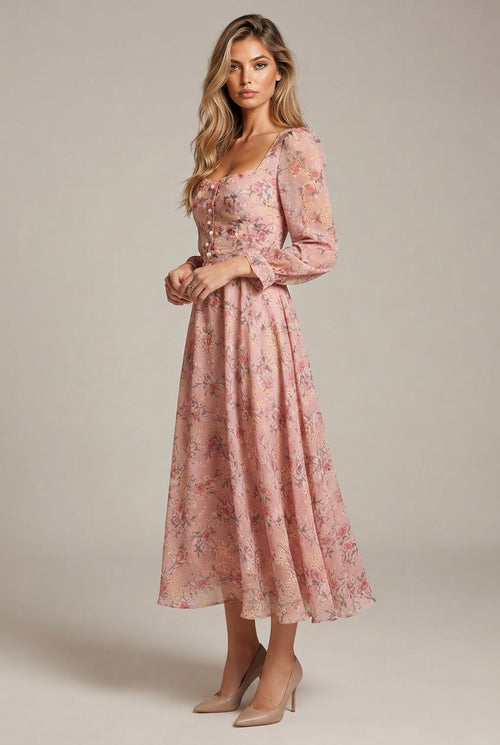 French Embroidery Dress Women Spring Retro Square Neck Long Sleeve Chiffon Floral Skirt — Pink — AI-generated studio three-quarter view