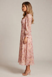 French Embroidery Dress Women Spring Retro Square Neck Long Sleeve Chiffon Floral Skirt — Pink — AI-generated studio right-side profile