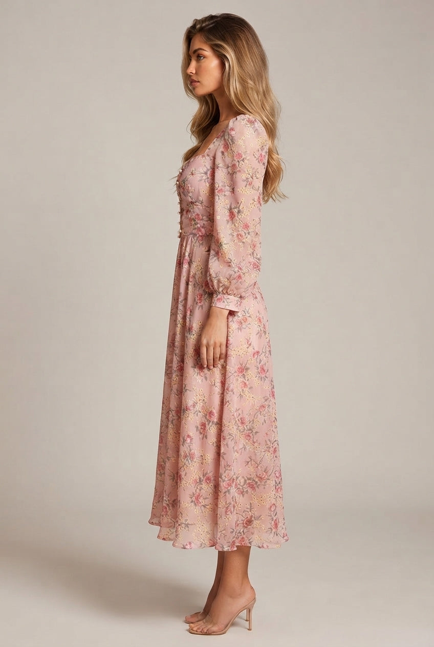 French Embroidery Dress Women Spring Retro Square Neck Long Sleeve Chiffon Floral Skirt — Pink — AI-generated studio right-side profile