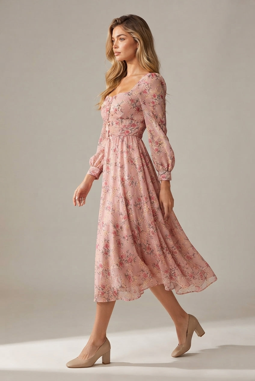 French Embroidery Dress Women Spring Retro Square Neck Long Sleeve Chiffon Floral Skirt — Pink — AI-generated studio left-side walking view