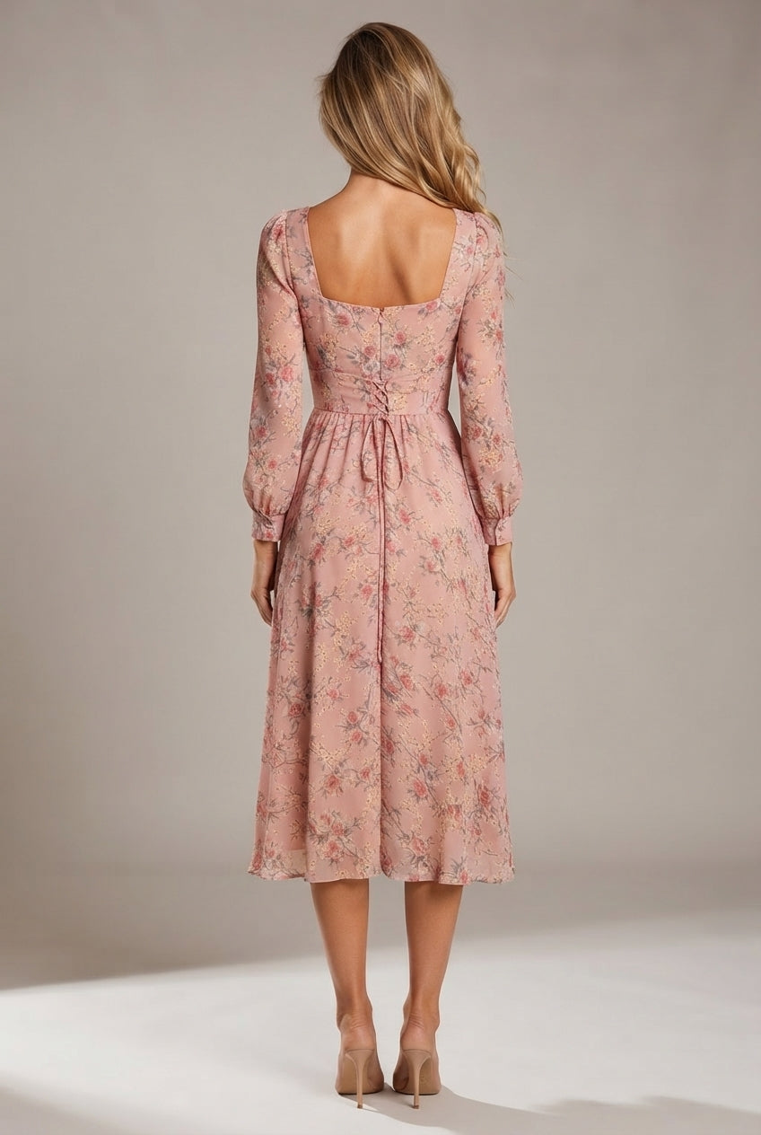 French Embroidery Dress Women Spring Retro Square Neck Long Sleeve Chiffon Floral Skirt — Pink — AI-generated studio back view