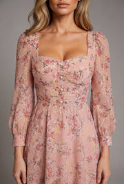 French Embroidery Dress Women Spring Retro Square Neck Long Sleeve Chiffon Floral Skirt — Pink — AI-generated studio bodice detail