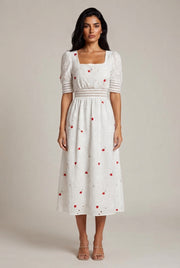 French First Love Sweet Salt Square Collar Embroidery Floral Mid-length Dress — White — AI-generated studio front view