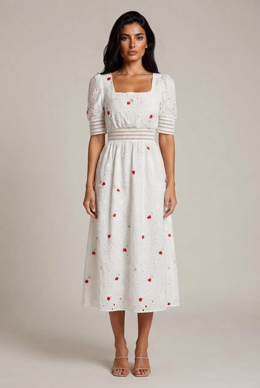 French First Love Sweet Salt Square Collar Embroidery Floral Mid-length Dress — White — AI-generated studio front view