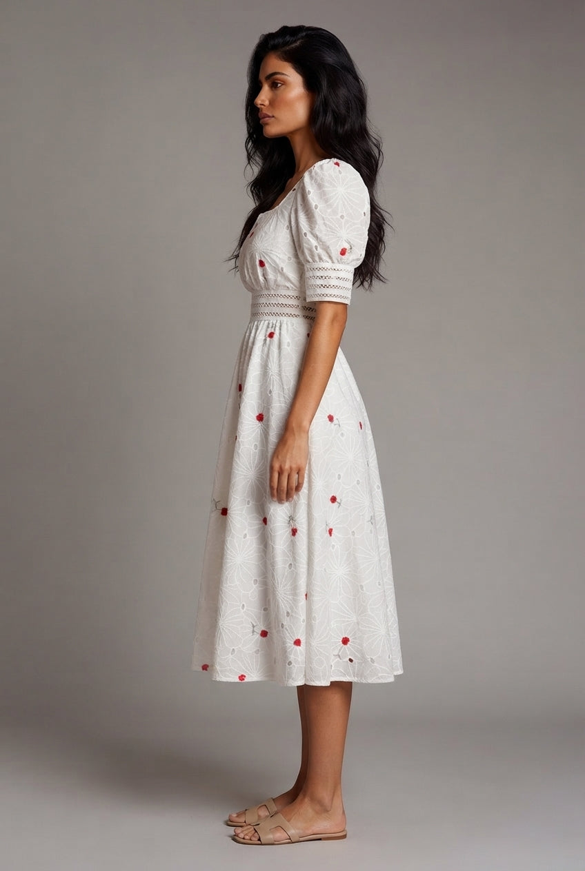 French First Love Sweet Salt Square Collar Embroidery Floral Mid-length Dress — White — AI-generated studio right-side profile