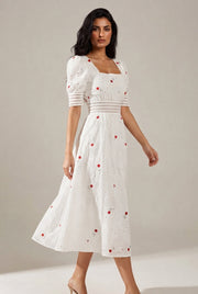French First Love Sweet Salt Square Collar Embroidery Floral Mid-length Dress — White — AI-generated studio left-side walking view