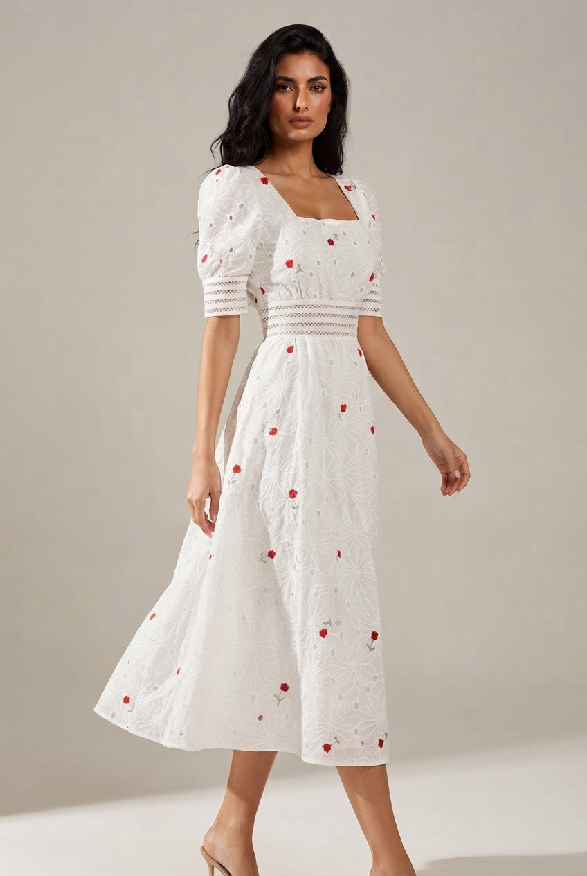 French First Love Sweet Salt Square Collar Embroidery Floral Mid-length Dress — White — AI-generated studio left-side walking view